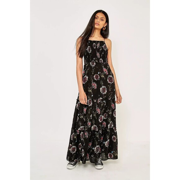 Free People Smocked Tiered Floral Maxi Dress Size Small Black with Pink - Picture 1 of 9